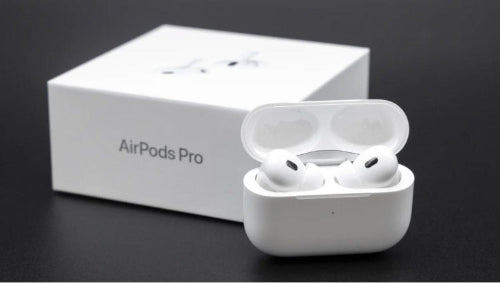 White AirPods Pro in charging case with 'AirPods Pro' text on a black background
